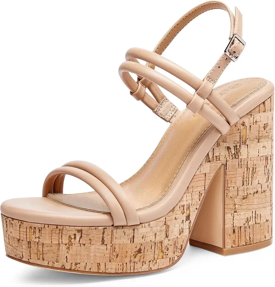 Coutgo Womens Cork Wedge Sandals Heels Open Toe High Heel Platform Slingback Ankle Strap Buckle Summer Dressy Shoes