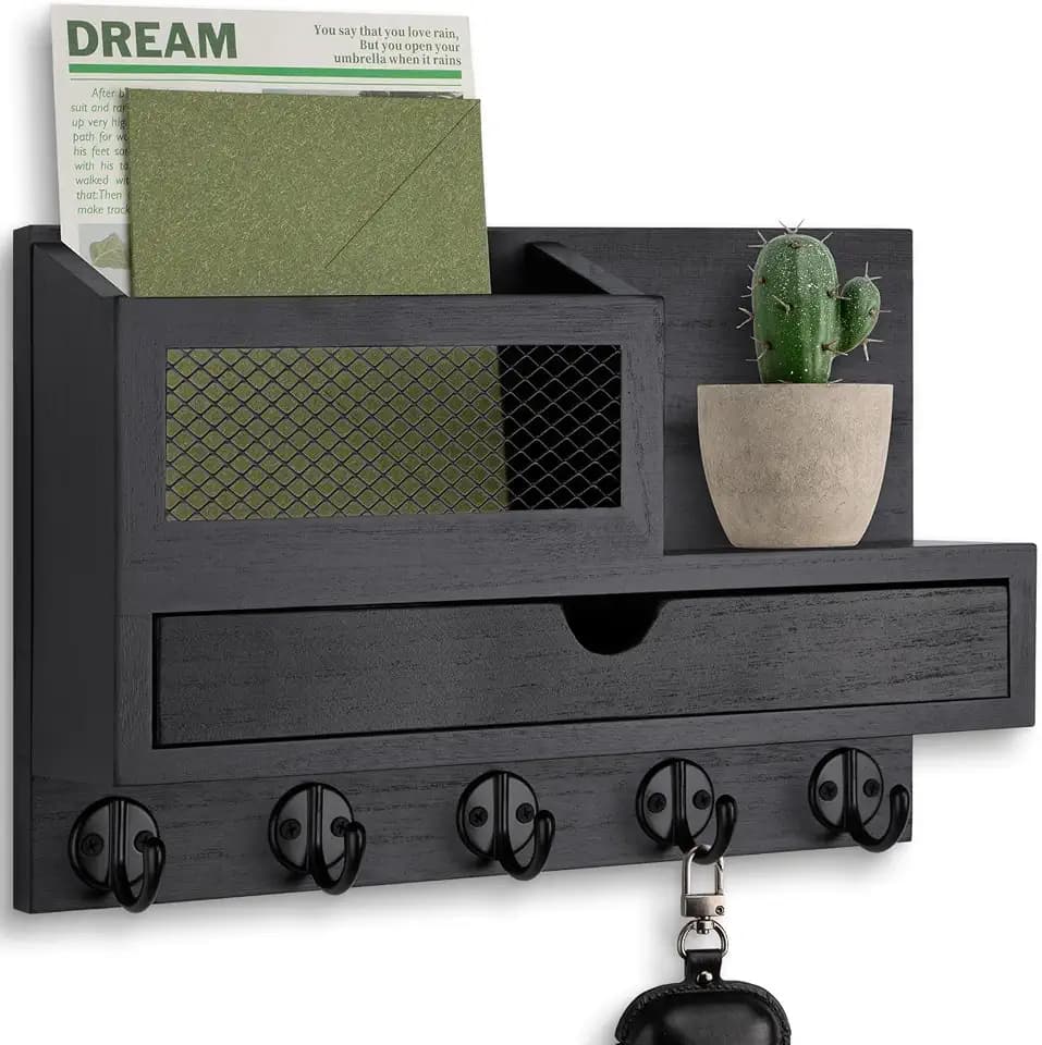 Key Holder for Wall with 5 Key Hooks and Storage Drawer