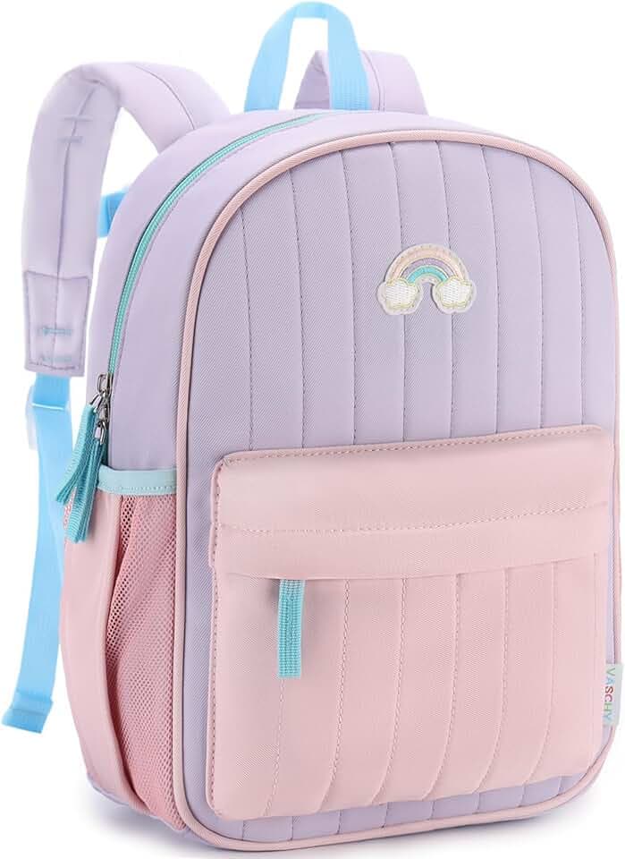 VASCHY Kids Backpack for Girls, Lightweight Quilted Color-blocked Bookbag Preschool Backpack for Kindergarten Children Light Purple Pink