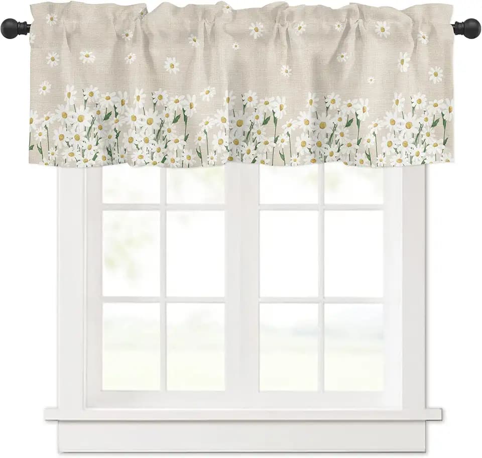 Spring Floral Curtain Valance 54" x 18", Summer Daisy Flowers Window Valances Rod Pocket Curtains Drapes, Vintage White Floral Short Topper Curtain for Kitchen Cafe Living Room, 1 Panel