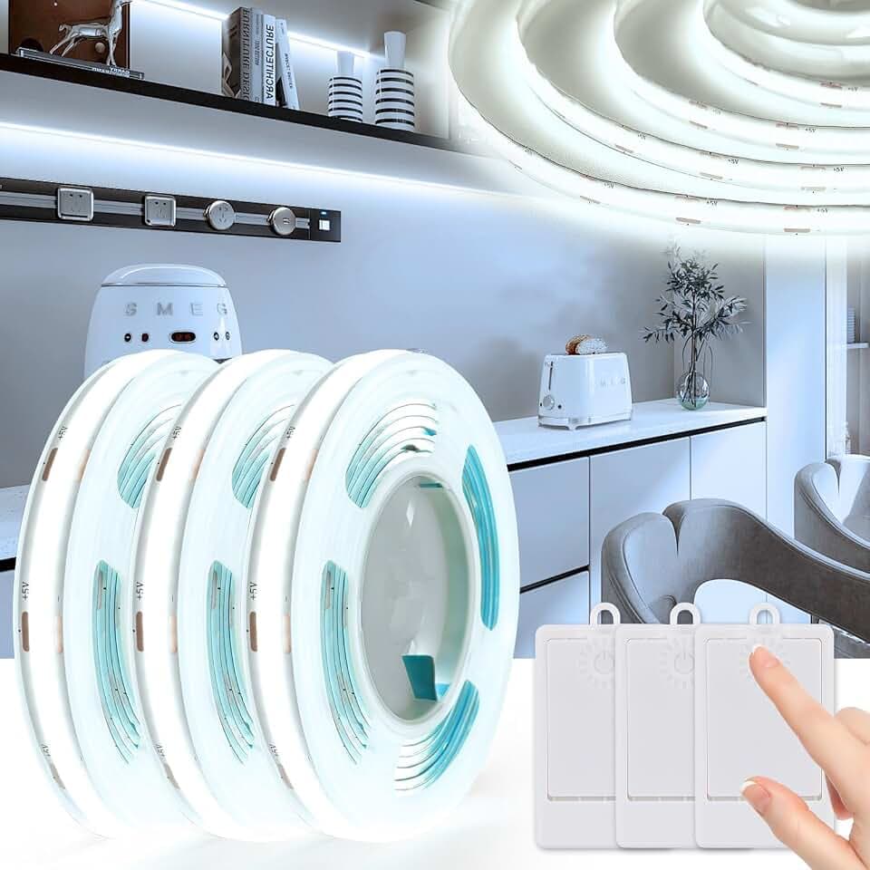 StarryEver 3 Stück COB Led Strip Batteriebetrieben,1M 320 LED Streifen 90+ Farbwiedergabeeffizienz,Kühles Weiß Selbstklebend Lichtleiste für Schränke, Treppen, Betten,Waschküche