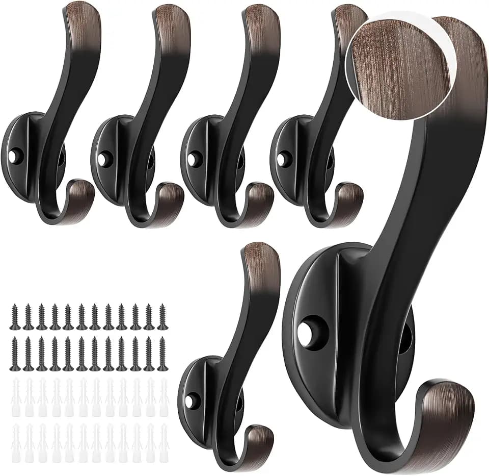 Heavy Duty Coat Hooks - 6 Pack Aluminum Alloy Oil Rubbed Bronze Towel Hooks for Wall Mounted Hanging Jacket, Clothes, Bags, Hat | Metal Utility Hangers for Farmhouse Entryway Mudroom Bathroom Garage