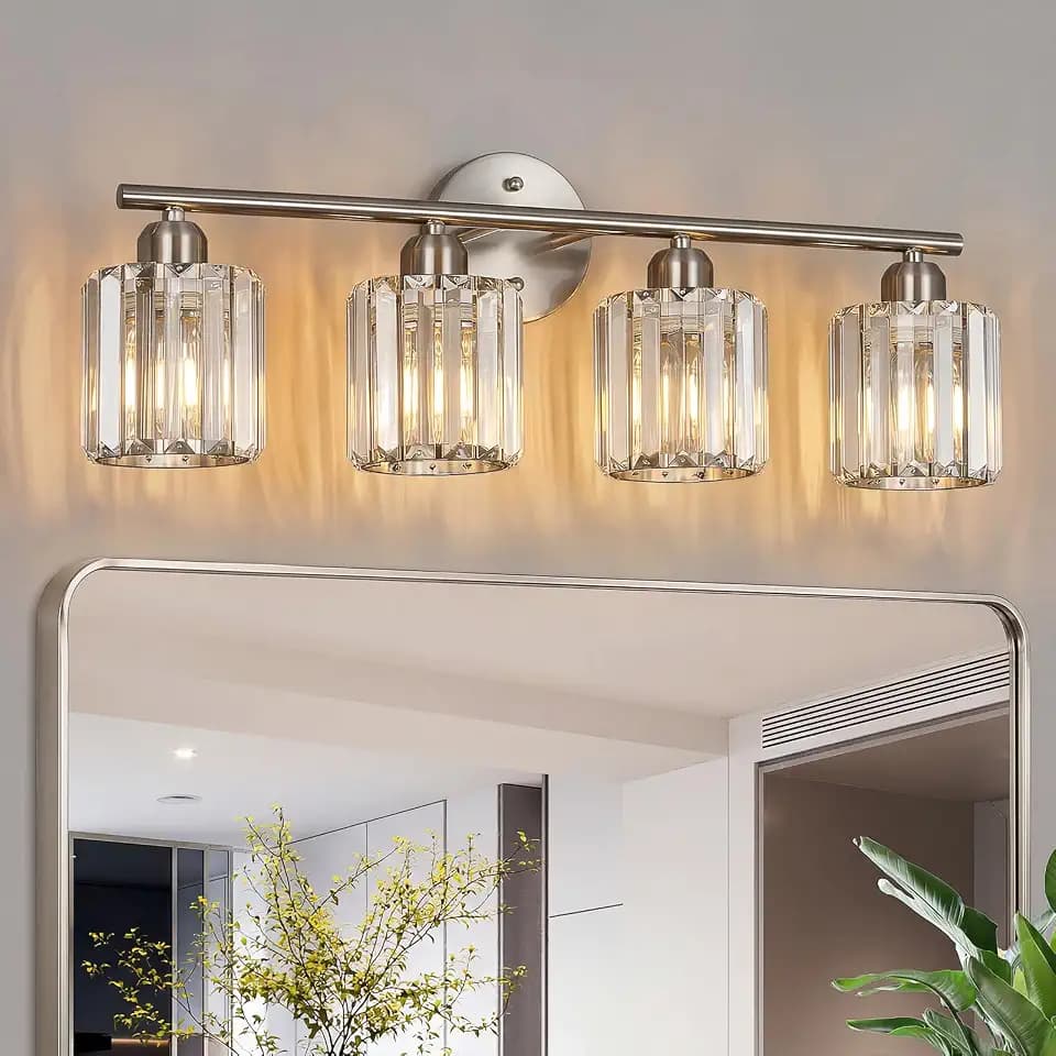 Modern 4-Light Crystal Vanity Light, Brushed Nickel Bathroom Lighting