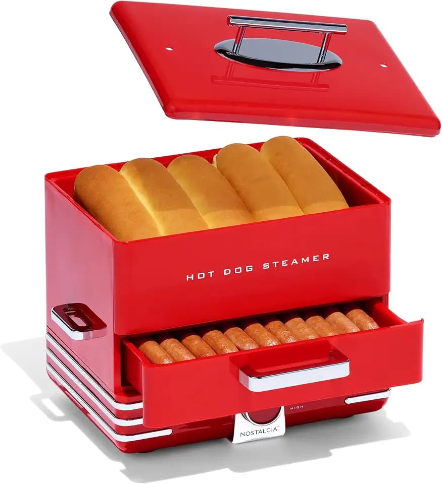 Nostalgia Extra Large Diner-Style Steamer Cooks 20 Hot Dogs & 6 Buns- Hot Dog Steamer for Breakfast Sausages, Brats, Vegetables & Fish- Bun Warmer Steamer Perfect for Game Days or Parties- Red