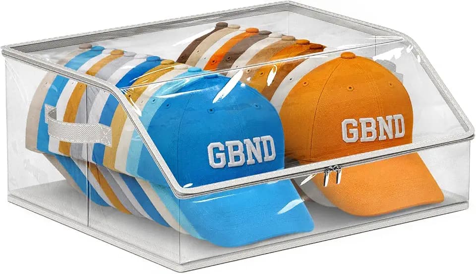 AOODA Stackable Hat Storage Box for Baseball Caps, Clear Hat Organizer for Closet Holds 22 Caps, Large Hat Box Display with Cardboard (Grey)