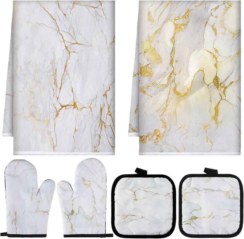Sratte 6 Pcs Farmhouse Marble Kitchen Towels Pot Holders Oven Mitts Set 2 Dish Towels 2 Potholders 2 Cooking Mittens Oven Glove for Cooking Baking Grilling Supply (White, Gold)