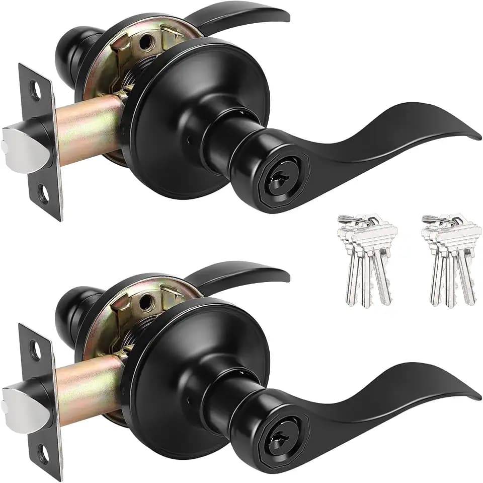 Probrico Black Entry Door Lever Exterior Entrance Door Handle with Lock and Key, Keyed Alike Door Lock Wave Style Black Front Door Handle, 2 Pack