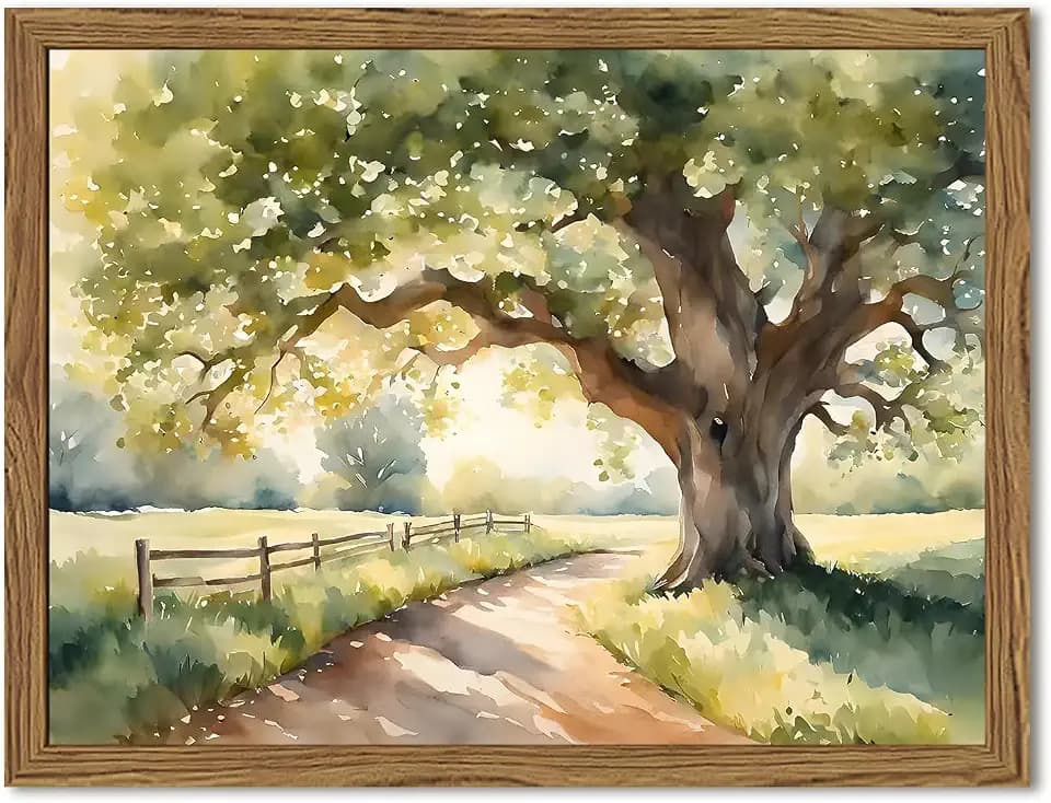 Framed Vintage Tree Landscape Wall Art, Watercolor Country Road Nature Wall Decor Paintings, Rustic Countryside Pictures Canvas Prints Aesthetic Home Decor for Living Room Bedroom Bathroom 12x16 inch