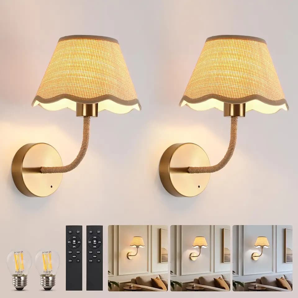 Battery Operated Wall Sconce with Boho Rattan Lampshade, Set of 2