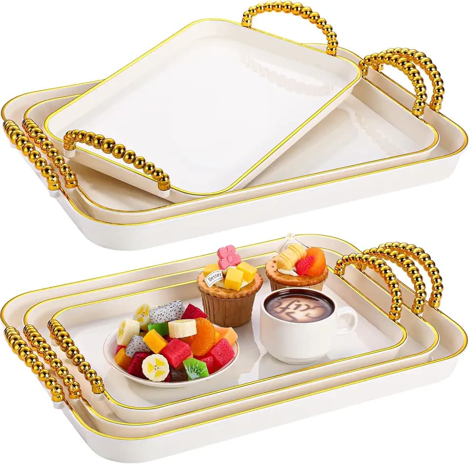 Rtteri Set of 6 Serving Platters with Handles 18.3/16.73/14.8 Inch Large Rectangular Trays, Reusable Pet Plastic for Entertaining, Dinner Parties, Weddings(Round Beads Handles,White)