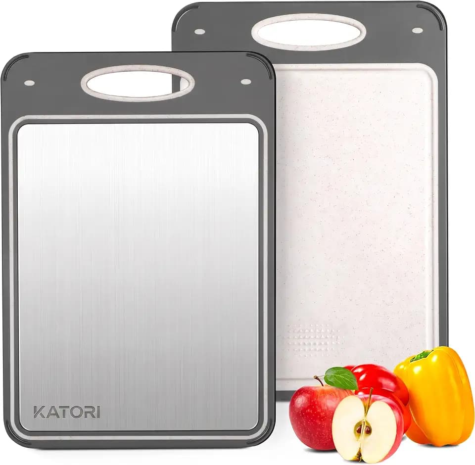 Katori Titanium Cutting Boards for Kitchen - Non Toxic Double Sided Metal for Meat/Fish & Wheat Straw PP for Fruits/Vegetables, Dishwasher Safe, Hygienic, Pure Titanium Easy Clean Chopping Board