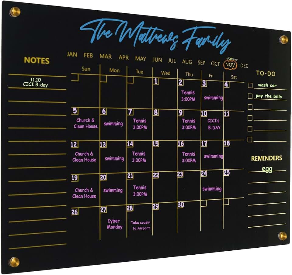 Black Acrylic Calendar Dry Erase for Wall, Family Planner, Monthly Calendar Dry Erase Whiteboard for Home, Office, 17" x 13"Reusable White Board(Acrylic-BK-3343)