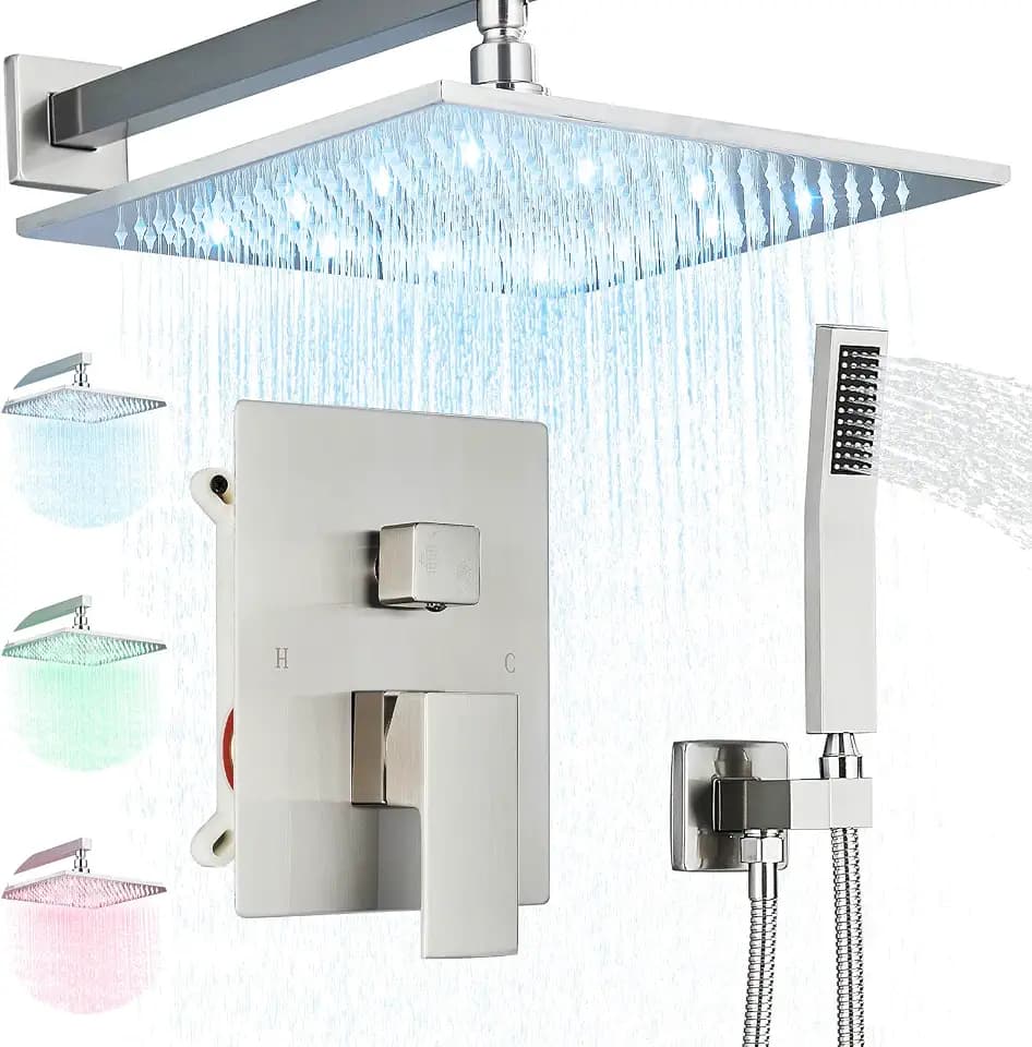 Brushed Nickle Shower System 12 Inch LED Rainfall Shower Head Brass Handheld Combo Set Bathroom Rain Shower Mixer Shower Rough-in Valve Body and Trim Included