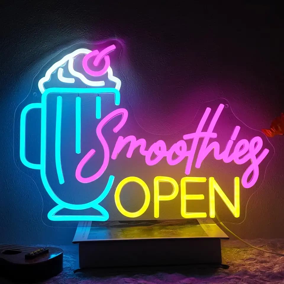 Smoothies Open Neon Sign Dimmable Frozen Fruit Smoothie Neon Light Sign for Business Bar Decor Letters Ice Cream Led Signs for Beverage Dessert Shop Party Pub Cafe Room Decor Gift 16.5" x 10"