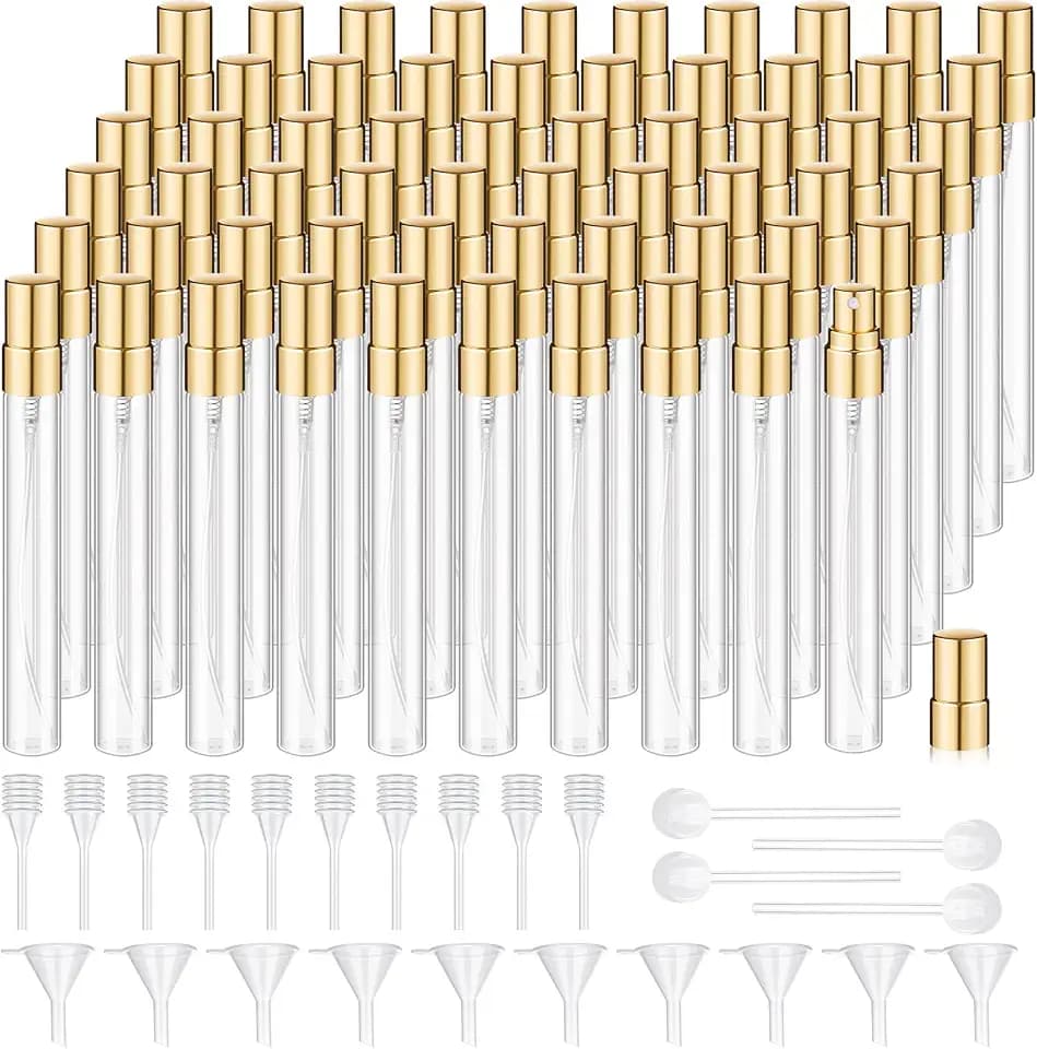 Domensi 60 Pcs 10ml Mini Perfume Bottle, Fine Mist Atomizer, Clear,Gold