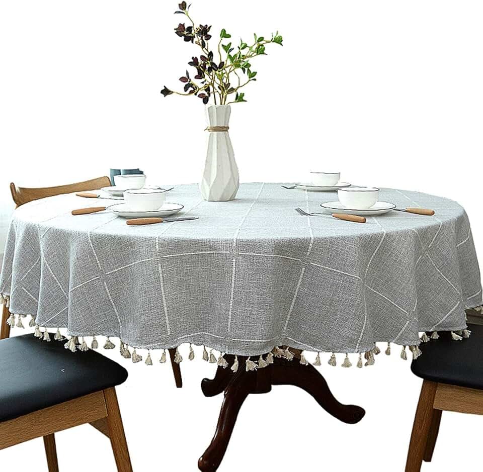 Dimatic Heavy Weight Cotton Linen Tablecloth, Plaid Tassel Round Table Cover for Kitchen Dining Room Tabletop Decorations, Round - 78", Grey