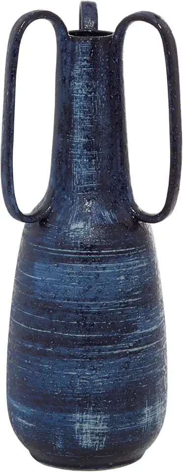 Deco 79 Ceramic Decorative Vase Centerpiece Vase with Handles, Flower Vase for Home Decoration 7" x 7" x 17", Blue