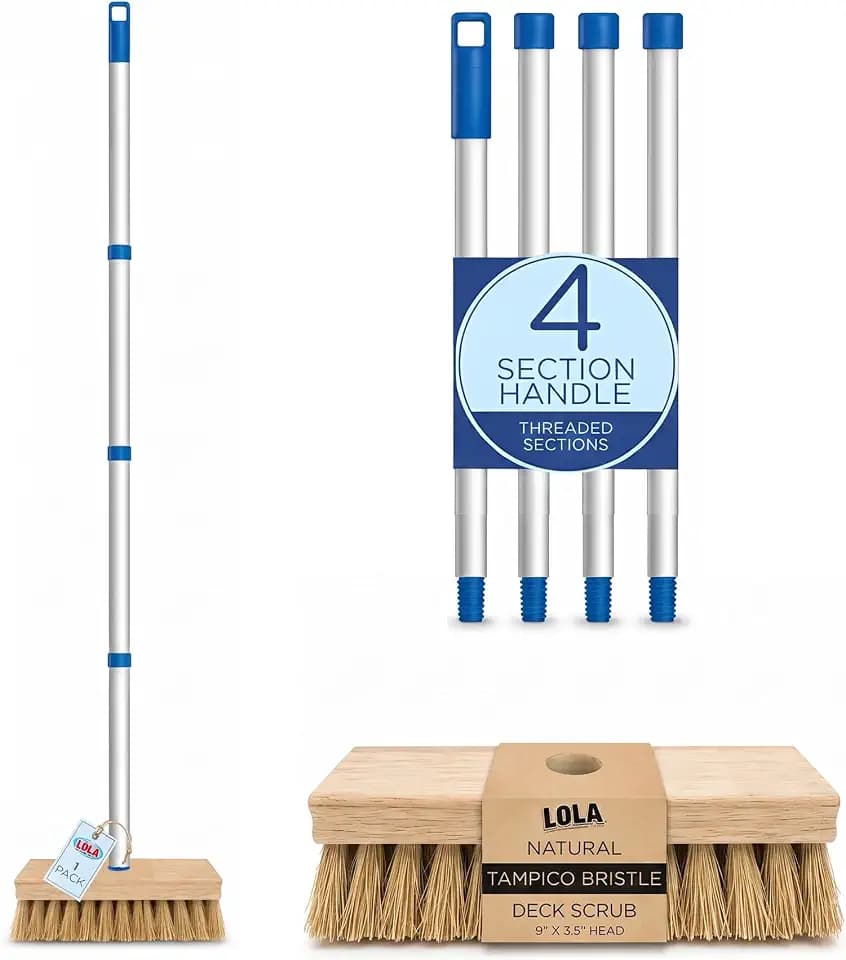 LOLA Deck Scrub Brush, 9" x 3.5" Head w/Tampico Bristles for Outdoor Cleaning, Removes Dirt & Grime from Patios, Decks, Grout, 1 Count