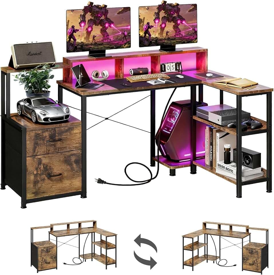 GTPLAYER 73" L Shaped Gaming Desk, Reversible Computer Desk with Power Outlets & LED Lights, Home Office Corner Desk with Storage Shelves, Monitor Stand, and Tower Space, Rustic Brown