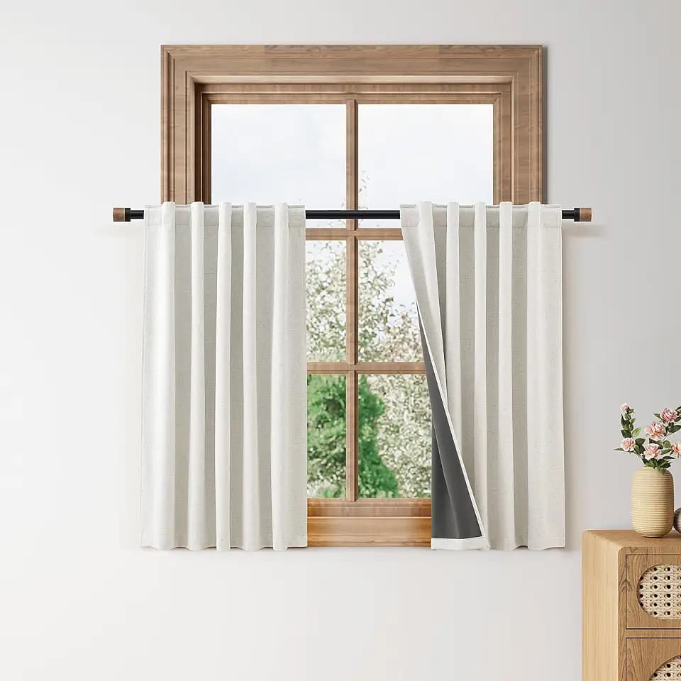 Nanspring 100% Blackout Kitchen Linen Curtains Back Tab Small Drape 36 Inch Length Privacy Natural Elegant Short Black Out Cafe Curtain Tier for Thermal Insulated Bedroom Cabinet Cream Ivory 30x36