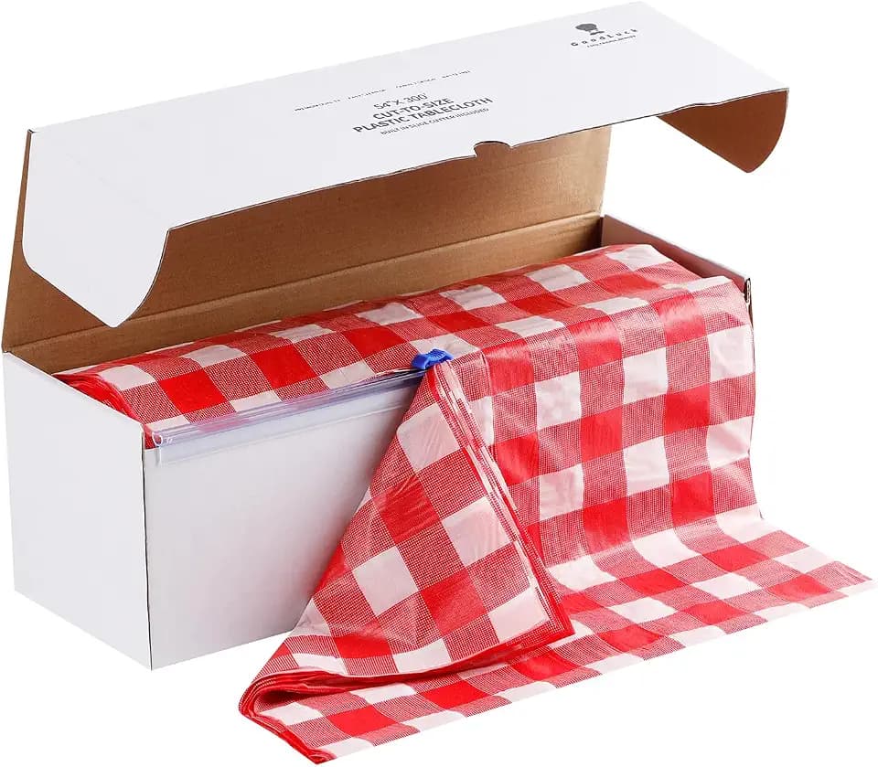 Goodluck 54 Inch X 300 Feet Plastic Table Cloths with Cutter Box, Red Checkered Disposable Table Cover Roll, Plastic Tablecloth for Party, Wedding, Birthday, Anniversary, Thanksgiving, Christmas