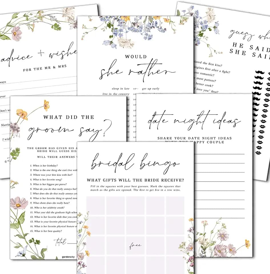 GardenCity Bridal Shower Games Set for 25 Guests - 6 Fun Activities, Double-Sided Cards (Floral)