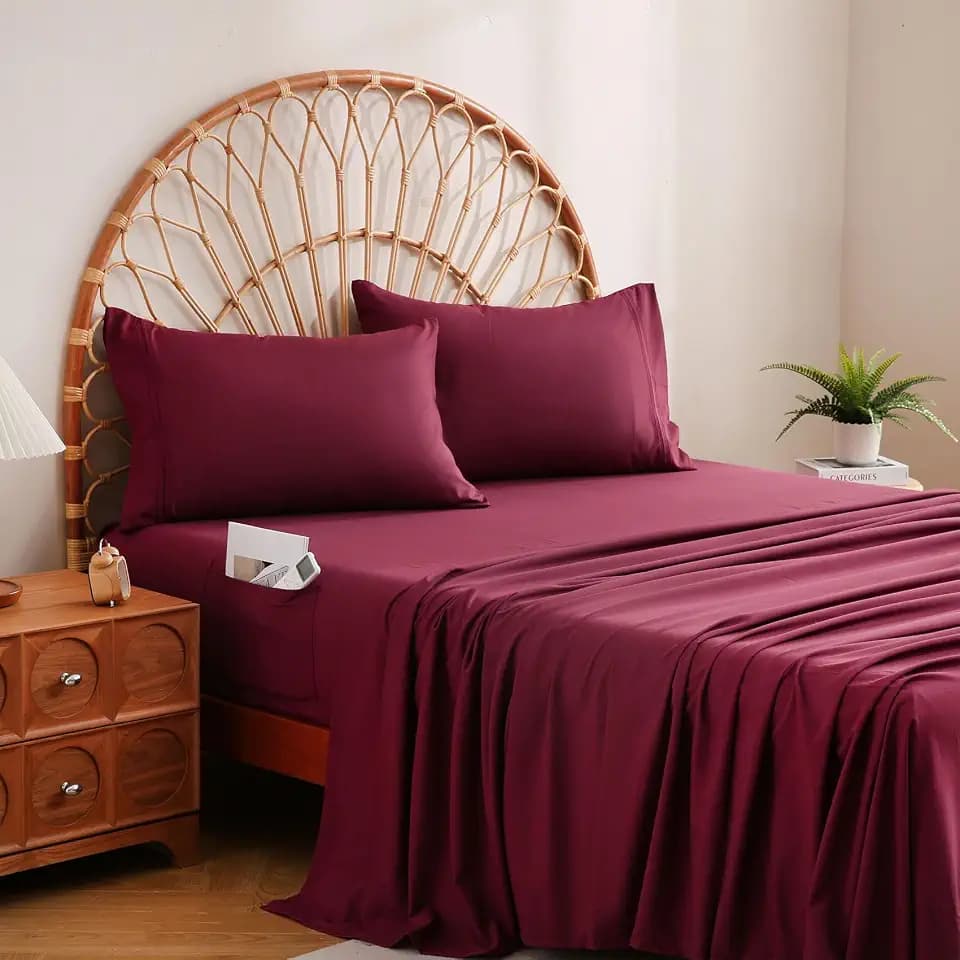 JSD Burgundy Queen Sheet Set Side Pocket, Microfiber Deep Pocket with Corner Straps