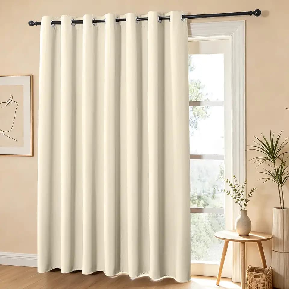 Flame-Retardant NFPA 701 Standard Curtain 63-inch Single Panel 100% Blackout Curtain Ideal for Bedrooms and Living Rooms Thermal Insulation Metal Ring Hanging System(42x63 inches, Beige)