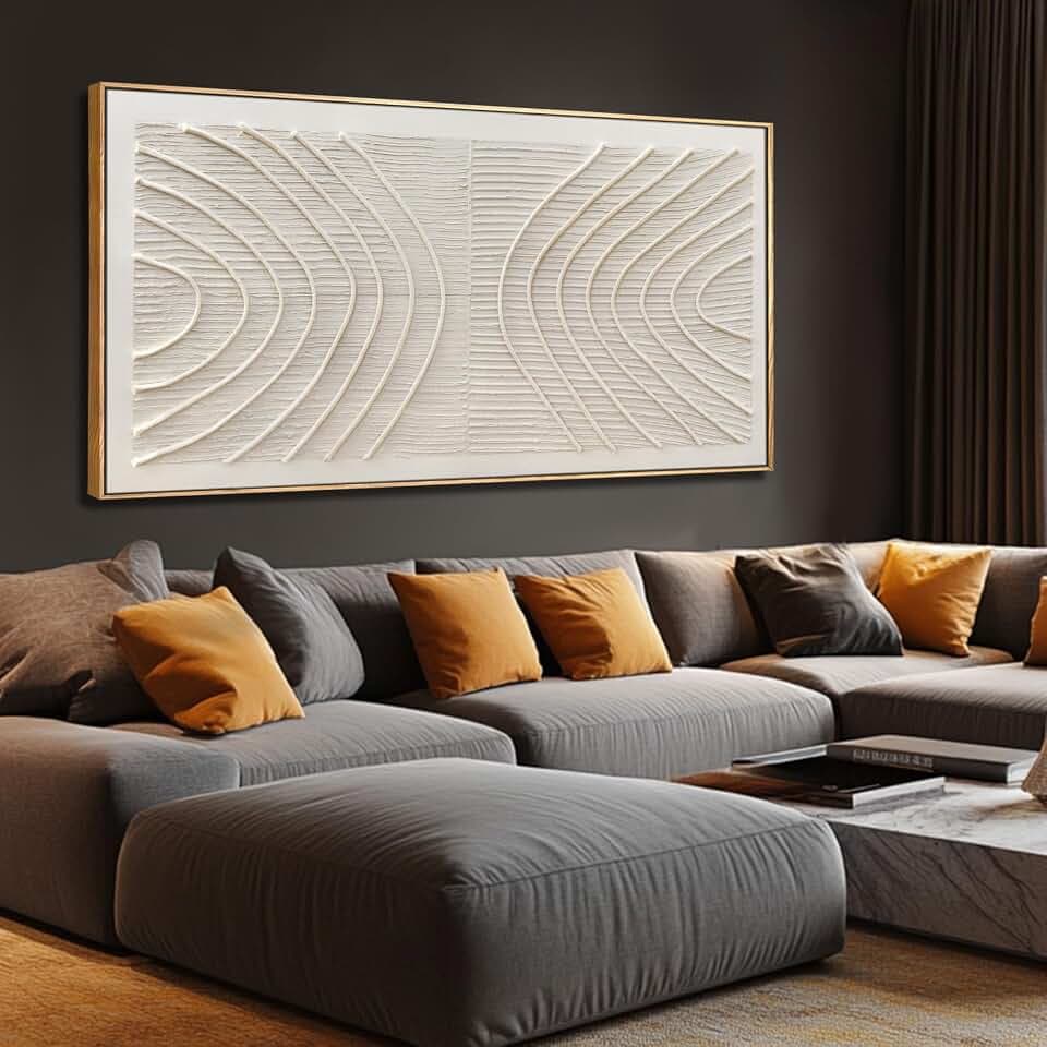 Hue7Art Hand Painted Abstract Wall Art Wood Frame White Beige 40x88