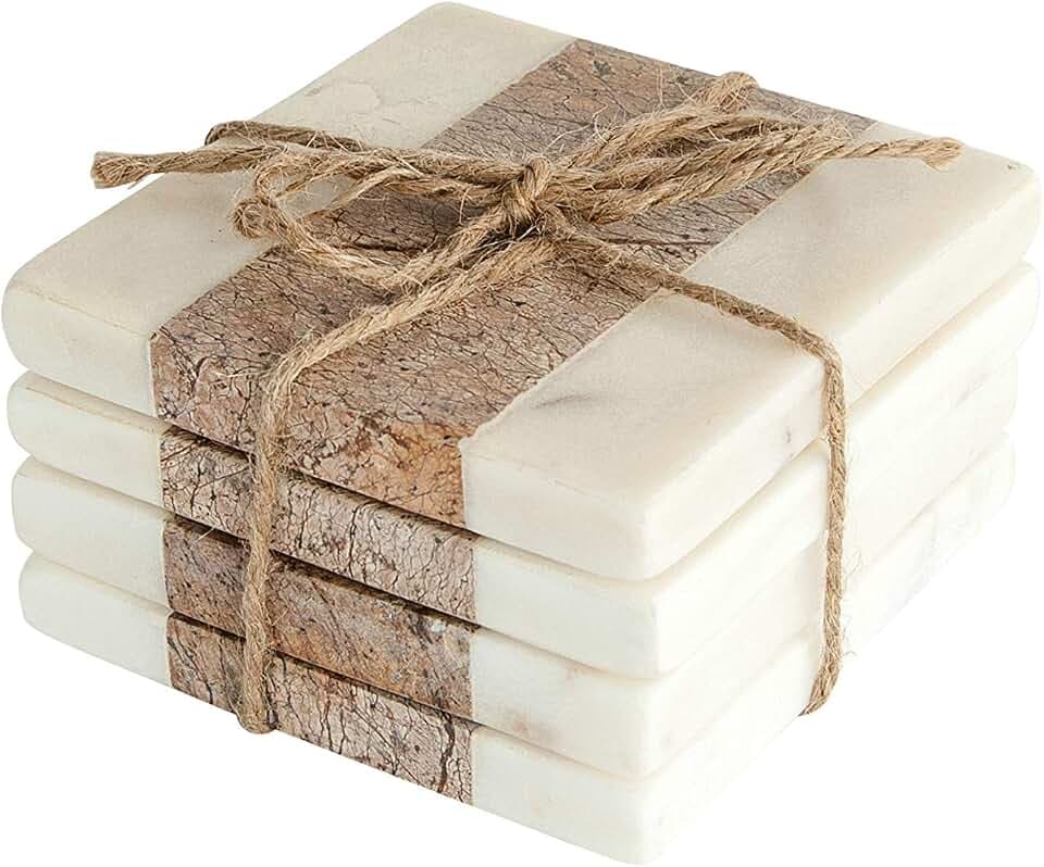Creative Co-Op Square Marble Coasters with Jute String (Set of 4 Pieces)