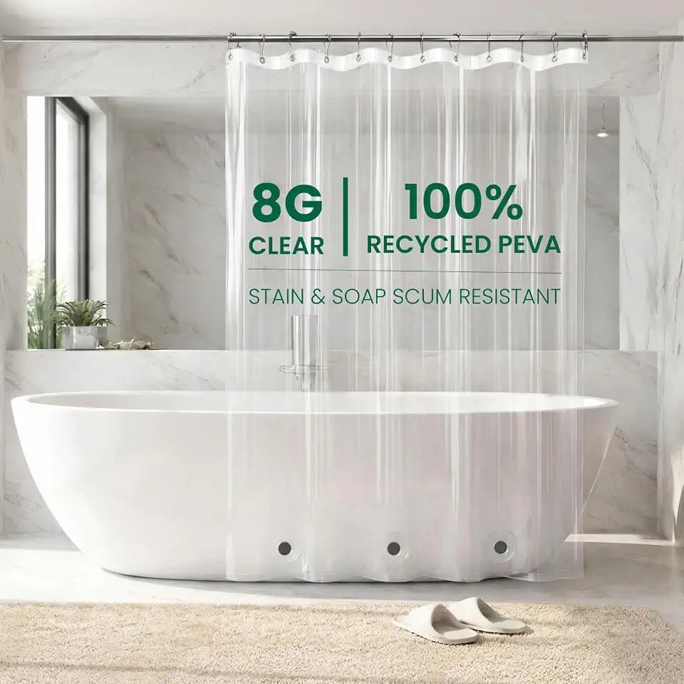 Bowery Home NOT Made in China Eco-Friendly Recycled PEVA Shower Curtain Liner – Waterproof, Sustainable, Non-Toxic Shower Curtain Liner, with Rust-Proof Grommets, 72x72IN, 8G – Clear
