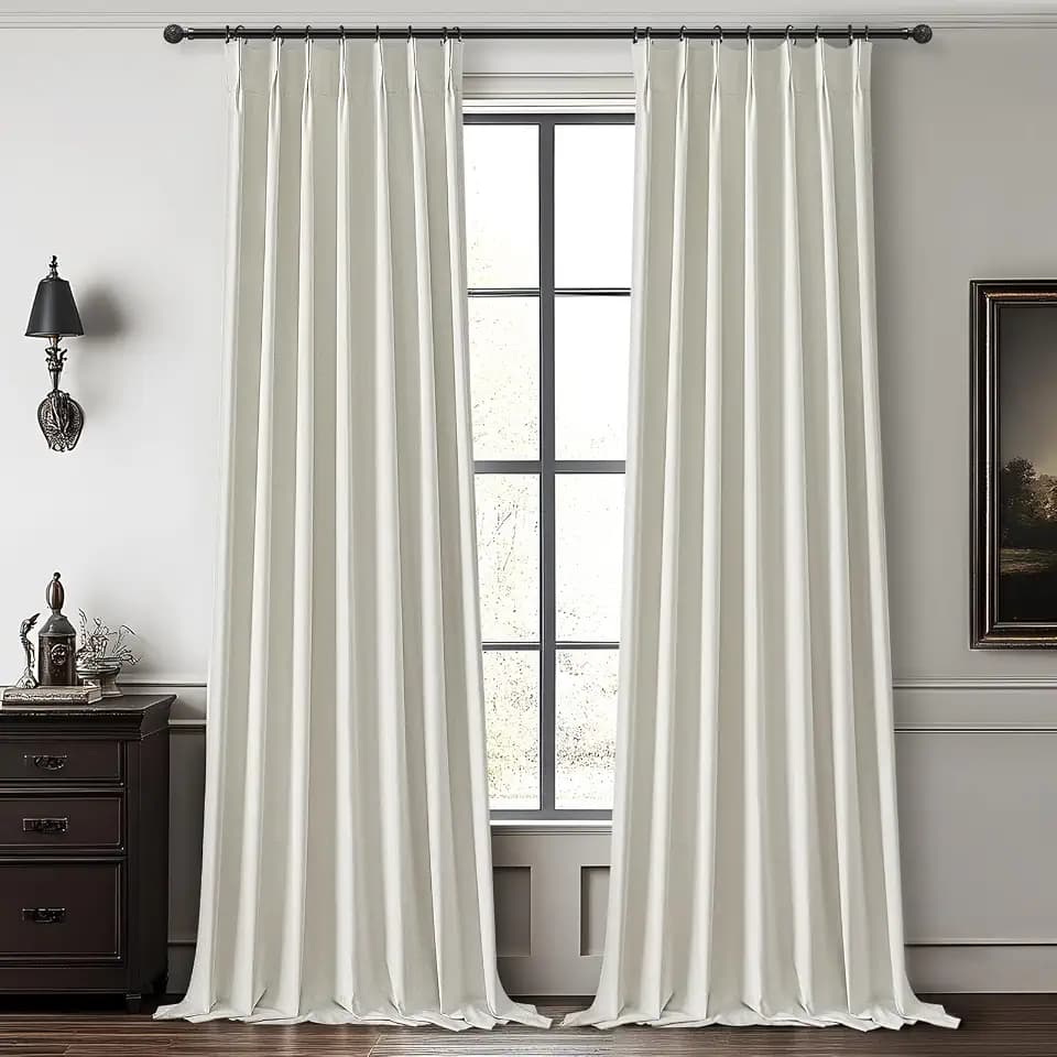 QJmydeco 10 ft Extra Long Curtains for Sliding Glass Doors, 100% Blackout Beige White Pinch Pleated Linen Winter Curtains Insulated Noise Reducing Heavy Drape for Large Window (40" Wx120 Lx2 Panels)