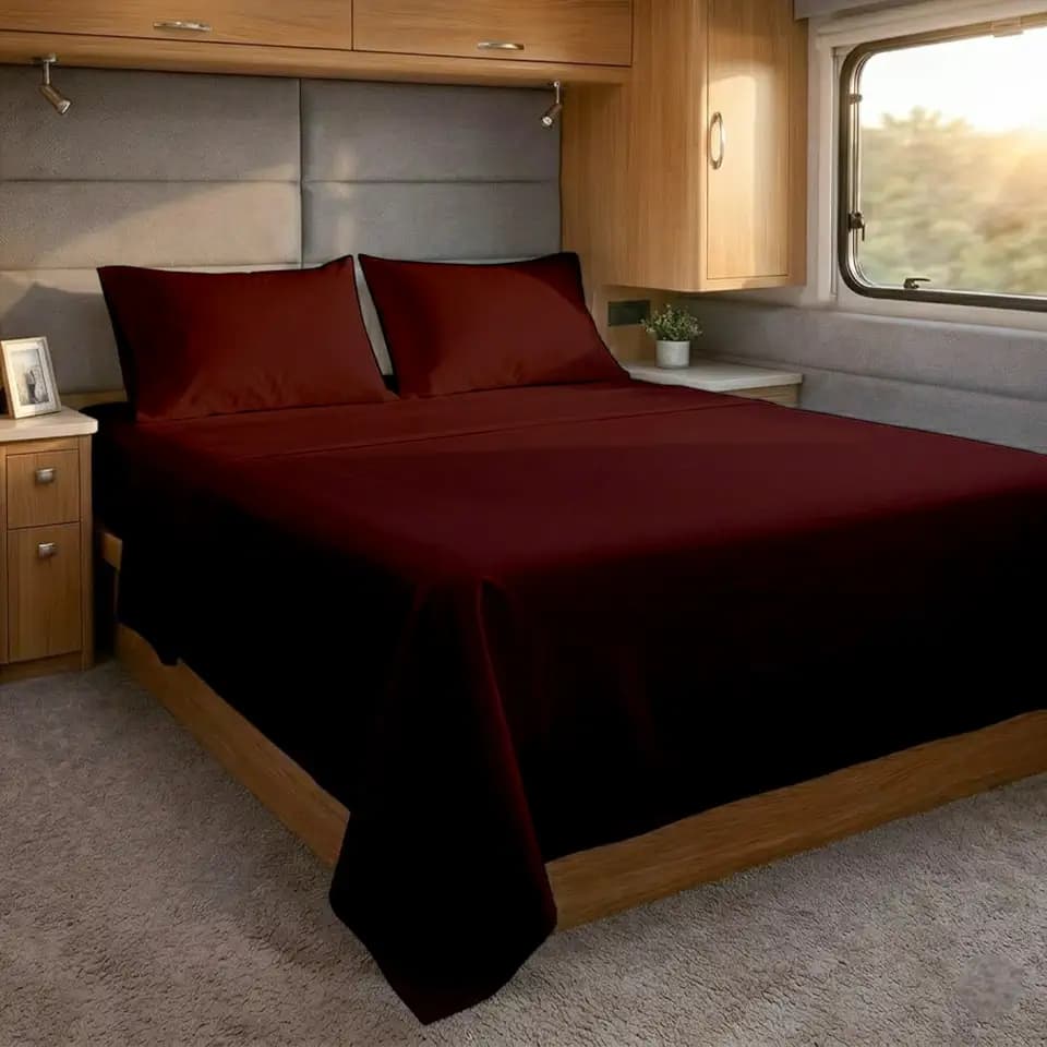 Cottingon RV Short Queen Sheets 60 x 75,Luxury Soft 100% Egyptian Cotton, 4 Pcs Camper Bedding Set to Fit Upto 15" Deep Custom RV Mattress, Burgundy Solid
