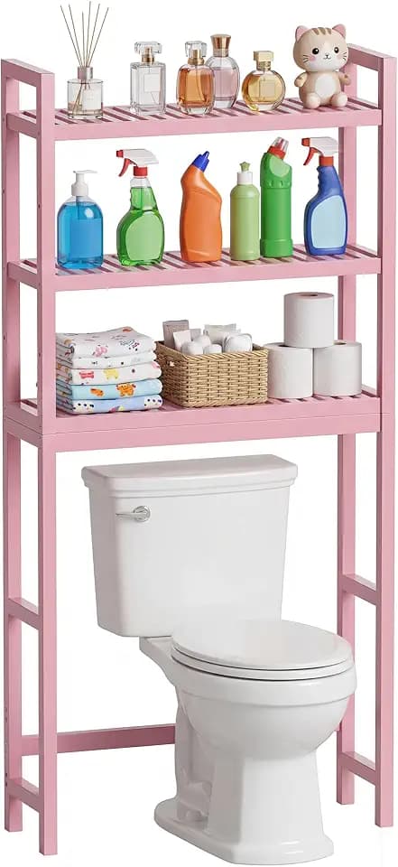 SMIBUY Bathroom Storage Shelf, Bamboo Over-The-Toilet Organizer Rack, Freestanding Toilet Space Saver with 3-Tier Adjustable Shelves (Pink)
