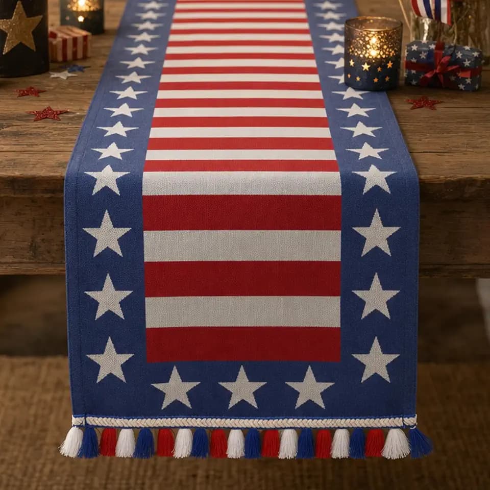 4th of July Table Runner Stripes Stars America Red White and Blue Decorations Memorial Day Independence Day Patriotic Runners Embroidered Macrame Holiday Kitchen Dining Home Party Supply 13x72 Inch