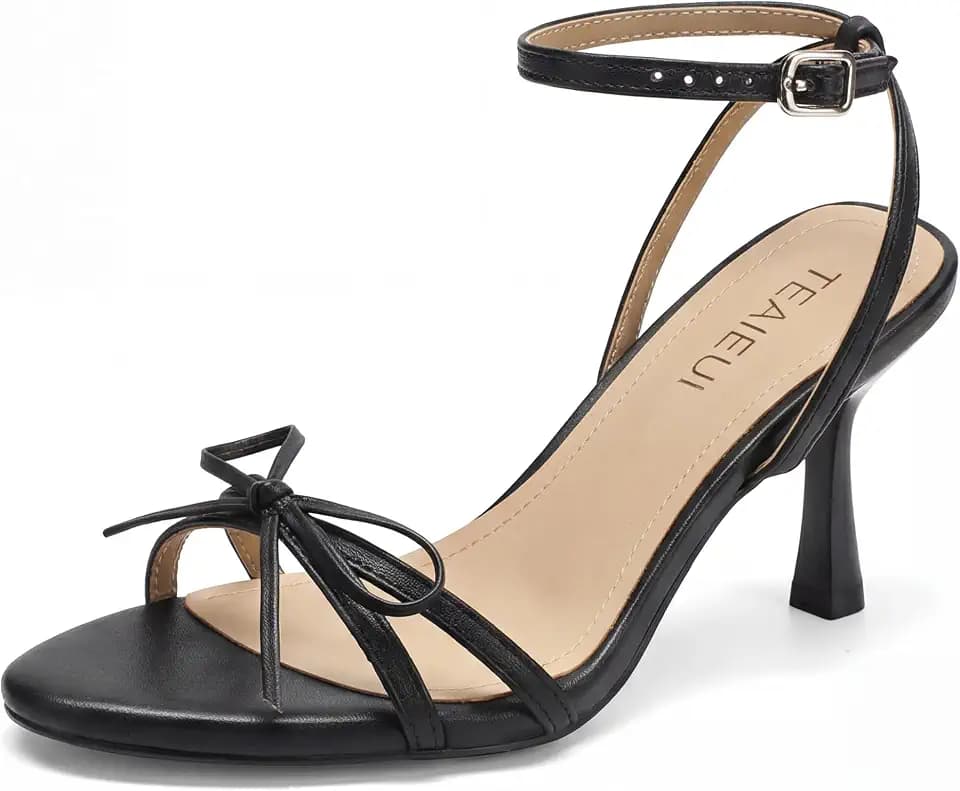 TEAIEUI Women's Kitten Heels, Round Open Toe Strappy Shoes with Bow, 3 Inch