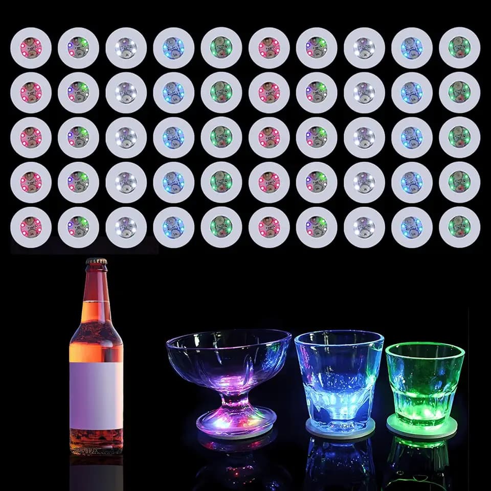 50 PCS LED Coaster Multicolored Light Up Drink Stickers Decor