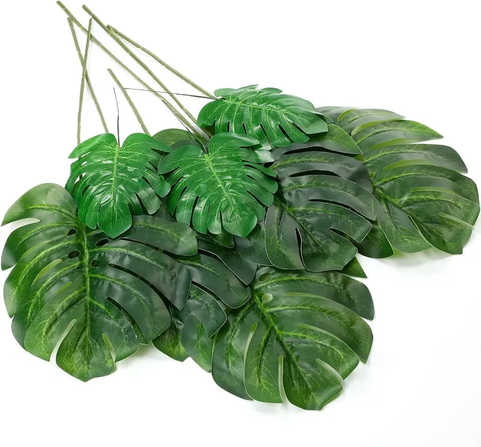 Zeyune 12 Pcs Artificial Palm Leaves Large Fake Monstera Leaf with Stems