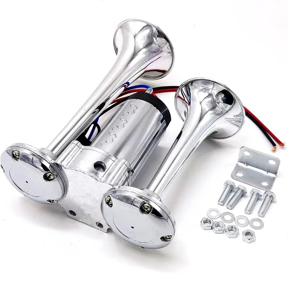 Elektrische Hupe Car Horn 24V Autohupe Air Horn 165db Schiffshupe Trompete Bootshupe Silber Hoch und Tieftonhupe Doppelrohrhupe LKW Hupe Lautsprecher Lufthupe für 24V Auto Yacht Motorrad etc