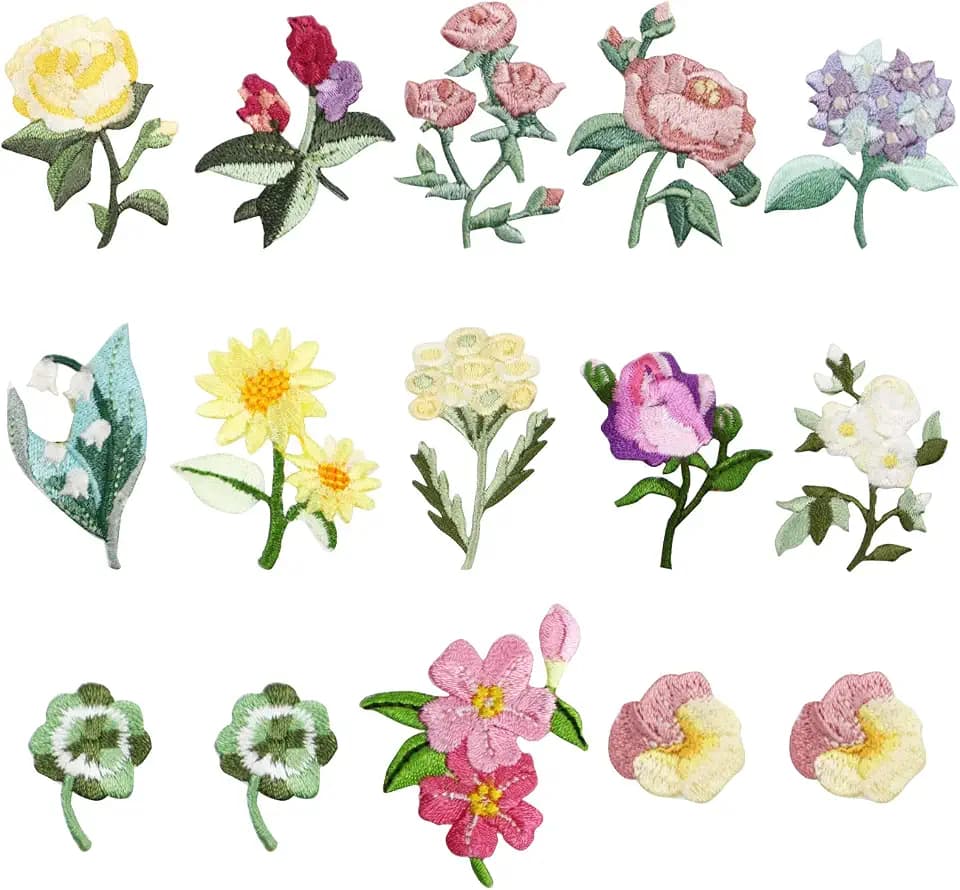 15pcs Mini Flowers Iron On Patches, 13 Patterns Decorative Embroidered Patches, Sew On/Iron On Patch Applique for Jeans, Clothing, Hat, Jacket, Mini Flowers