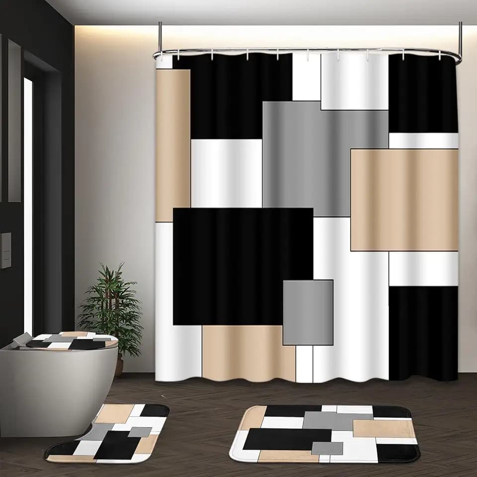 Bathroom Sets with Shower Curtain and Rugs Set of 4 Geometric Beige