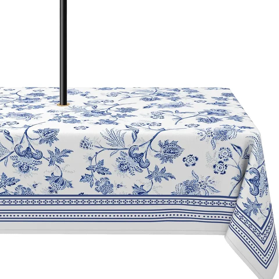Yighty Outdoor Tablecloth with Umbrella Hole 60x84In,Farmhouse Style Blue Floral Outdoor Zipper Table Cloth,Waterproof and Wrinkle Resistant Washable Rectangular Tablecloths for Picnic,Party,Camping