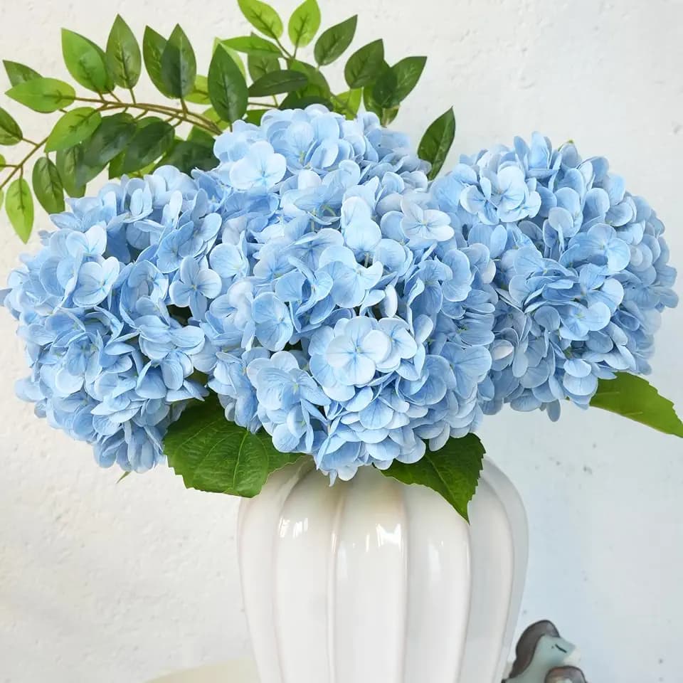 3 Pcs Hydrangea Artificial Flowers, Latex PU Real Touch Hydrangea Flores with Stems, Fake Flowers for Wedding Bouquet Kitchen Home Office Party Coffee Table Vase Outdoor decor (Light Blue, 20 Inches)