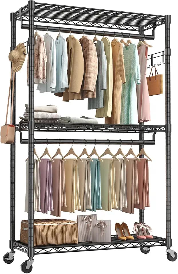 NEWBULIG 47'' Heavy Duty Garment Rack with Wheel, 3-Tier Clothing Rack