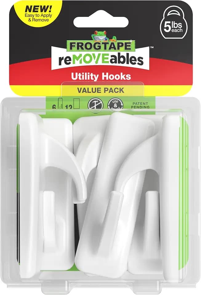 FrogTape reMOVEables Utility Wall Hook Large, Damage Free, White, 6 Pack