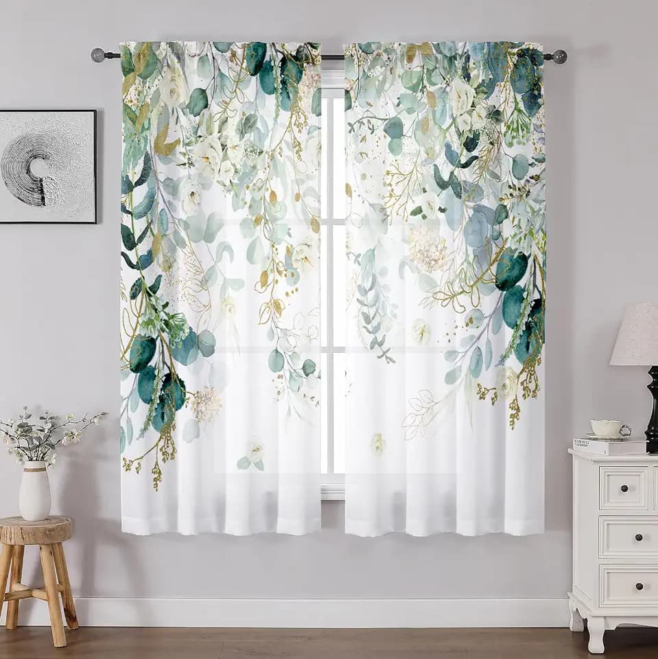 Green Eucalyptus Leaves Curtains 63 Inch Length 2 Panels, Elegant Wild Flower Floral Light Filtering Bedroom Living Room Kitchen Curtain for Small Window, Sage Green Drapes Rod Pockets, 42x63 Inches