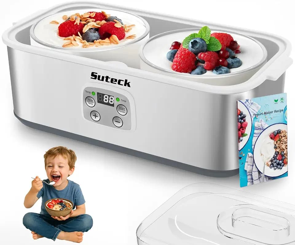 Suteck Yogurt Maker with 2 Quart Glass Jars, Stainless Steel, Time & Temp