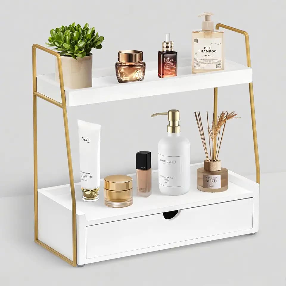 2-Tier Bathroom Countertop Organizer with Drawer, Wood Vanity Shelf White