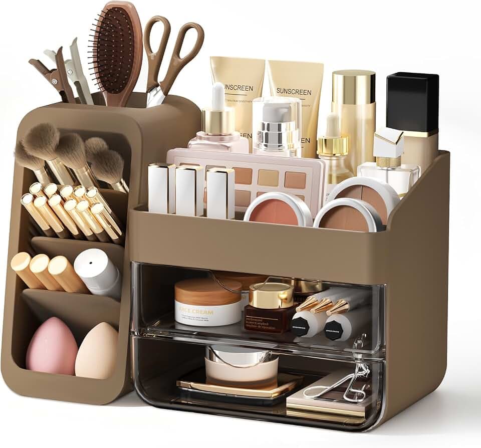 Countertop Makeup Skincare Organizer with Adjustable Brush Holder, Taupe