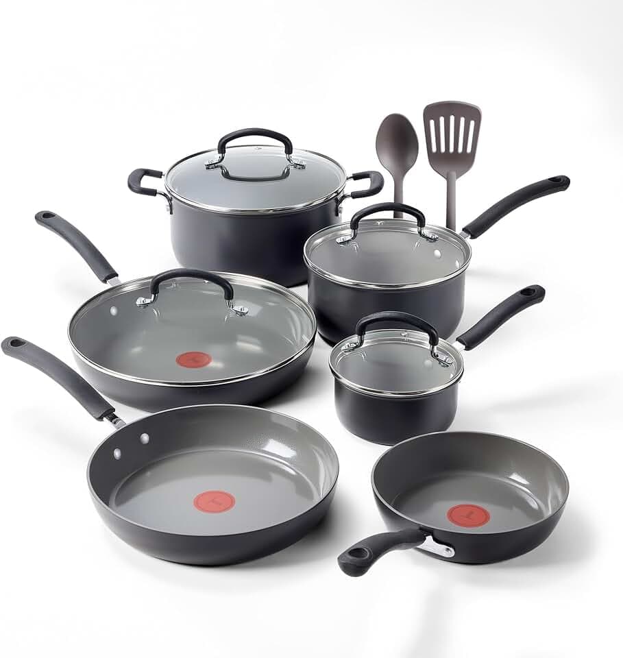 T-Fal Ultimate Hard Anodized 12-Piece Ceramic Nonstick Cookware Set, Oven Safe Up to 400°F, Ceramic Pots and Pans Set, Frying Pans, Saucepan, Stockpot, Cooking Utensils, Stone